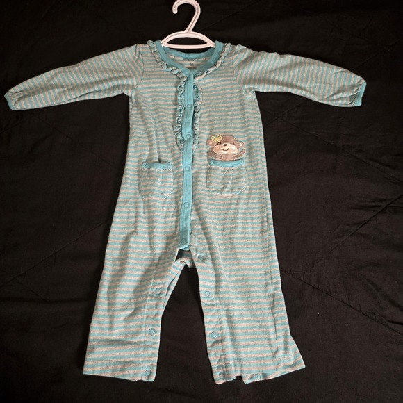 Carter's Other - Carter's Coverall Girls 18 Months Blue Striped Monkey Embroider Pocket One Piece